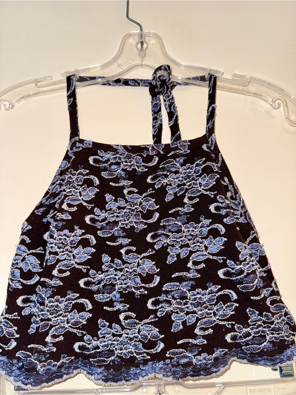 90’s Aritzia Dollhouse Brown Tank tie straps Metallic Blue/White Embroidered S
